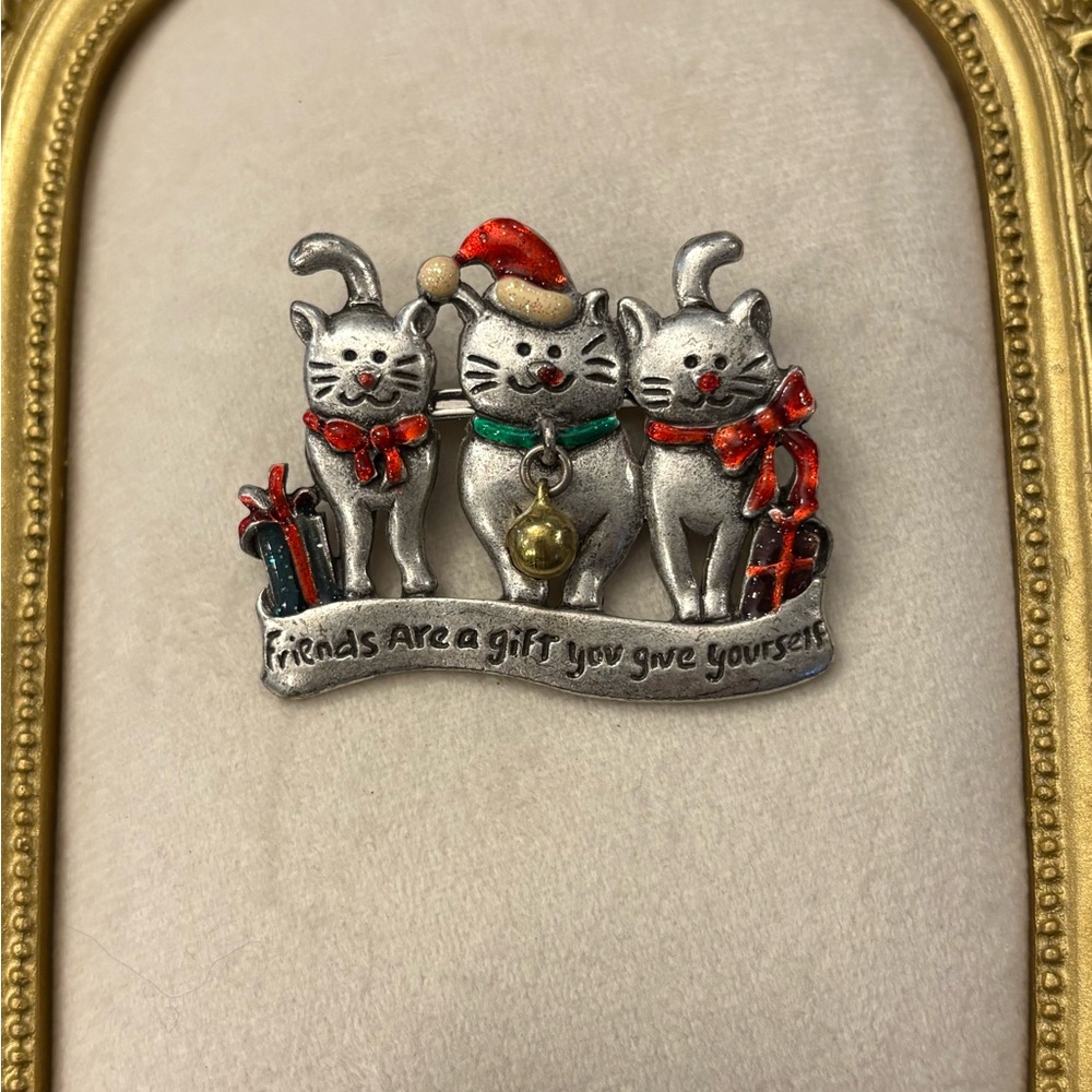 Vintage AJMC Cat Enamel‎ Christmas Friends Are The Greatest Gift Brooch Pin Bell